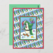 CARTE POSTALE PINGOUIN DE NOËL FRAÎCHE EN VERT, VACANCES (Devant / Derrière)