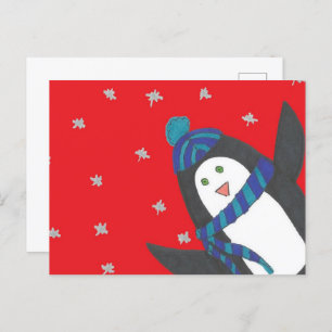 Carte Postale Pingouin de Noël mignon en rouge