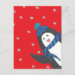 Carte Postale Pingouin de Noël mignon en rouge