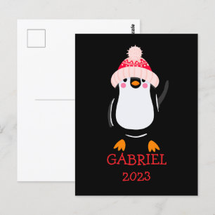 Carte Postale Pingouin de Noël mignon personnalisé en Casquette
