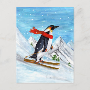 Carte Postale Pingouin de style vintage Ski de descente