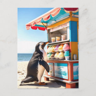 Carte Postale Pingouin D'Été Au Stand De Crème De Glace