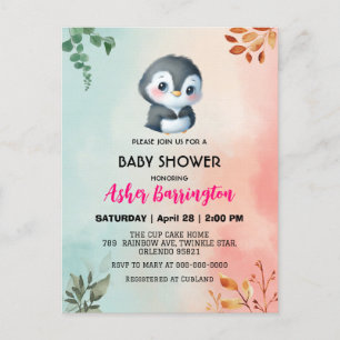Carte Postale Pingouin doux mignon baby shower de fleurs de prin