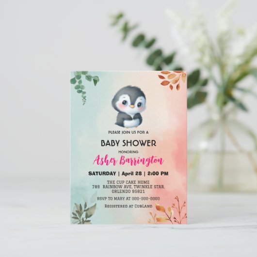 Carte Postale Pingouin doux mignon baby shower de fleurs de prin (Debout devant)