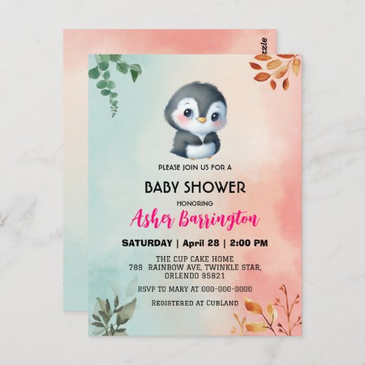 Carte Postale Pingouin doux mignon baby shower de fleurs de prin (Devant / Derrière)