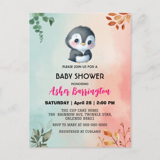 Carte Postale Pingouin doux mignon baby shower de fleurs de prin (Devant)
