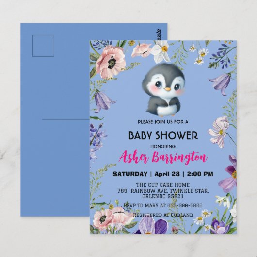 Carte Postale Pingouin doux mignon baby shower de fleurs rustiqu (Devant / Derrière)