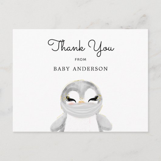 Carte Postale Pingouin en Masque Baby shower Merci (Devant)