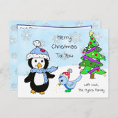 Carte Postale Pingouin et oiseau de Noël blanc (Devant / Derrière)