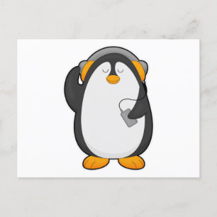 Carte Postale Pingouin et téléphone mobile avec casque