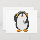 Carte Postale Pingouin et téléphone mobile avec casque (Devant / Derrière)