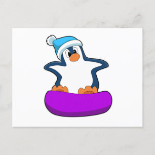 Carte Postale Pingouin faisant du snowboard avec une planche de 