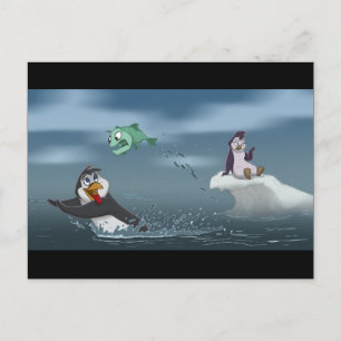 Carte Postale Pingouin "Go Fish" avec Arrière - plan