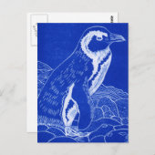 Carte Postale Pingouin Linocut Bleu (Devant / Derrière)