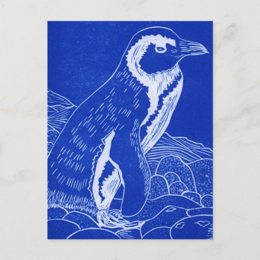 Carte Postale Pingouin Linocut Bleu (Devant)