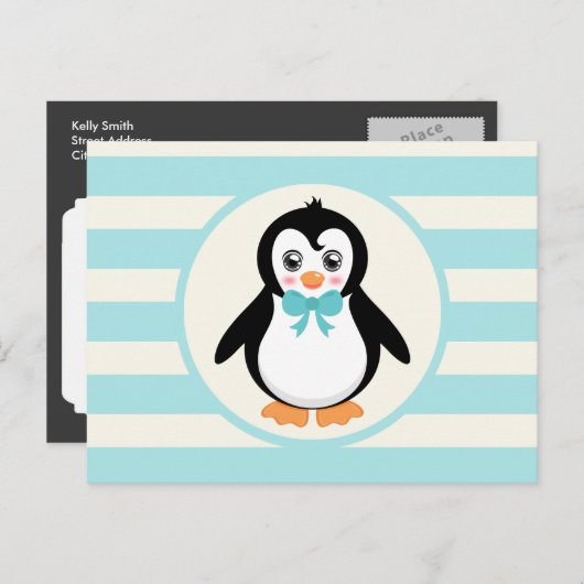 Carte Postale Pingouin mignon avec Bowtie Turquoise (Devant / Derrière)