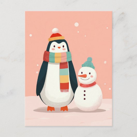 Carte Postale Pingouin mignon avec Snowman Pastel Noël rose (Devant)