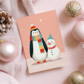 Carte Postale Pingouin mignon avec Snowman Pastel Noël rose
