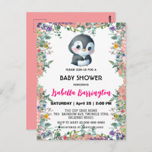 Carte Postale Pingouin mignon fleur coloré doux baby shower enfa
