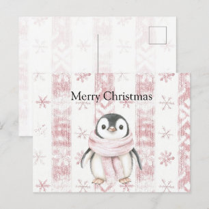 Carte Postale Pingouin rose Snowflakes Noël