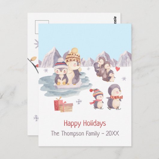 Carte Postale Pingouins mignons Jouer dans des vacances joyeuses (Devant / Derrière)