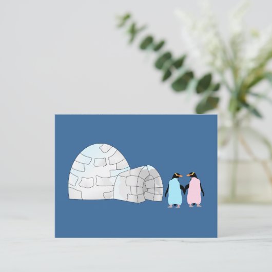 Carte Postale Pingouins roses et bleus à igloo (Debout devant)