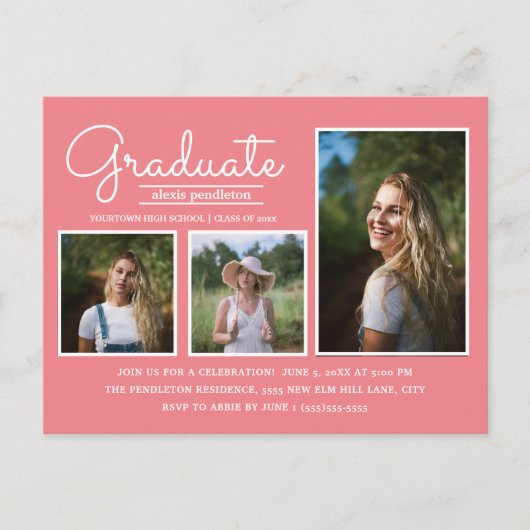 Carte Postale Pink 3-Photo Graduation Party (Devant)