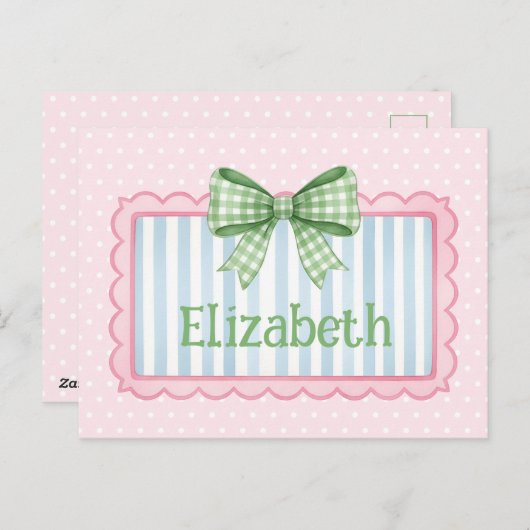 Carte Postale Pink and Blue Frame With Green Gingham Bow (Devant / Derrière)