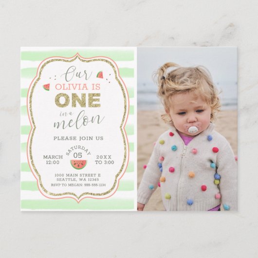 Carte Postale Pink and Gold Sparkel One in a Melon 1er Birthday (Devant)