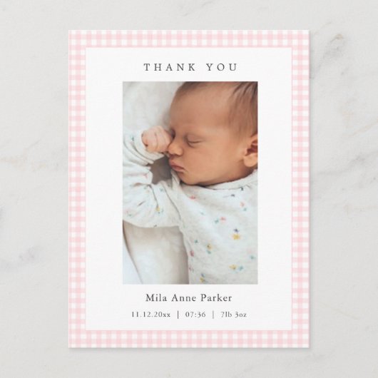 Carte Postale Pink and white Gingham Girl Birth Announcement (Devant)