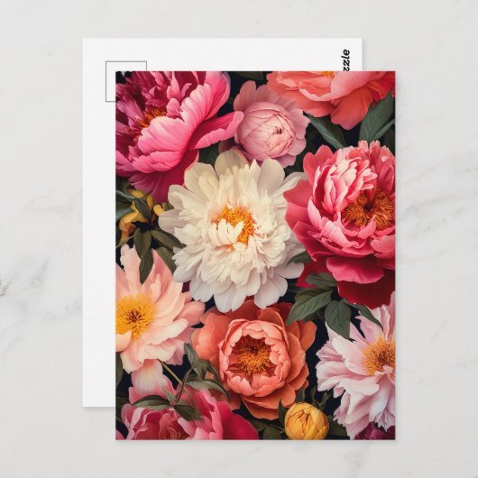 Carte Postale pink and white peony flowers witgreen leaves (Devant / Derrière)