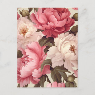 Carte Postale pink and white peony flowers witgreen leaves
