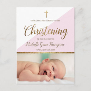 Carte Postale Pink Baby Girl Photo Christening Merci