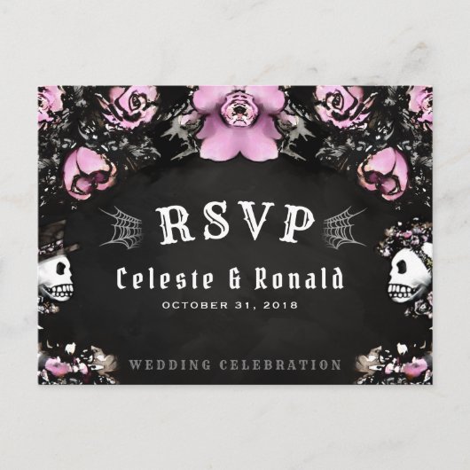 Carte Postale Pink & Black Gothic Roses & Skeleton RSVP (Devant)