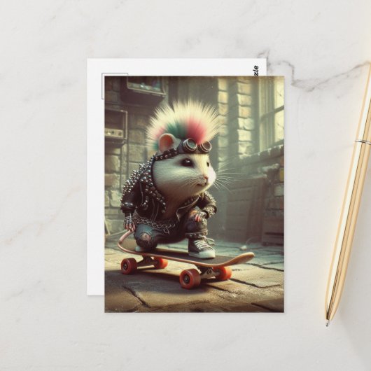 Carte Postale Pink Blue Hair Punk Rock Skateboard Hamster (Devant/Arrière en situation)