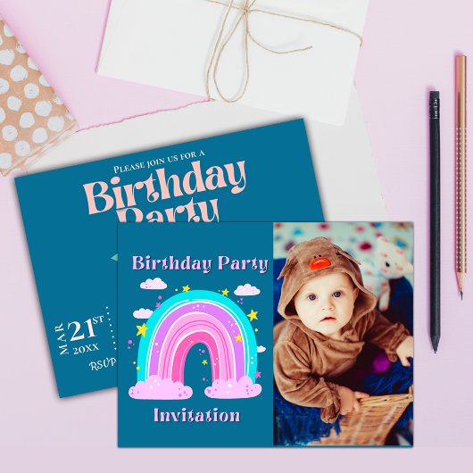 Carte Postale Pink Blue Rainbow Photo Anniversaire Fête Invitati