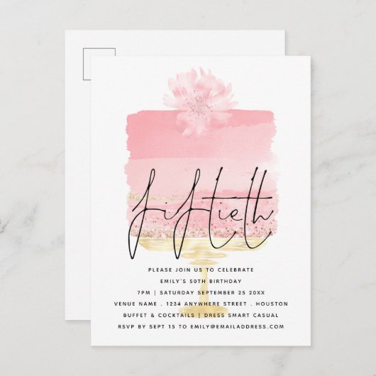 Carte Postale Pink Cake Script superposition 50e anniversaire In (Devant / Derrière)