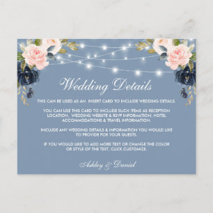 Carte Postale Pink Floral Dusty Blue Lights Mariage Détails Cart