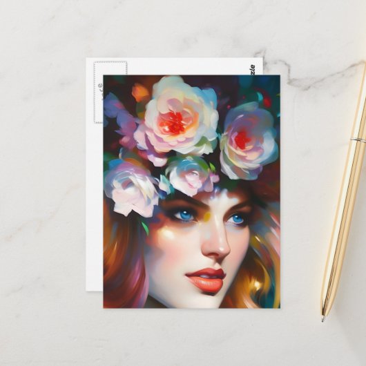 Carte Postale Pink Flowers in her Hair (Devant/Arrière en situation)