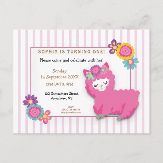 Carte Postale Pink Fluffy Llama Stripe premier anniversaire Invi (Devant)