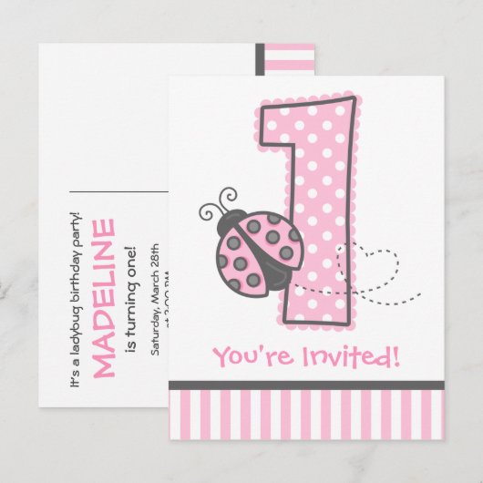 Carte Postale Pink Ladybug 1er Invitation anniversaire (Devant / Derrière)