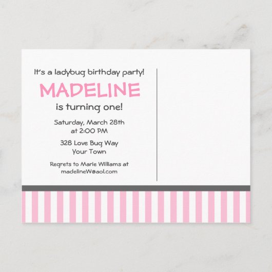 Carte Postale Pink Ladybug 1er Invitation anniversaire (Dos)