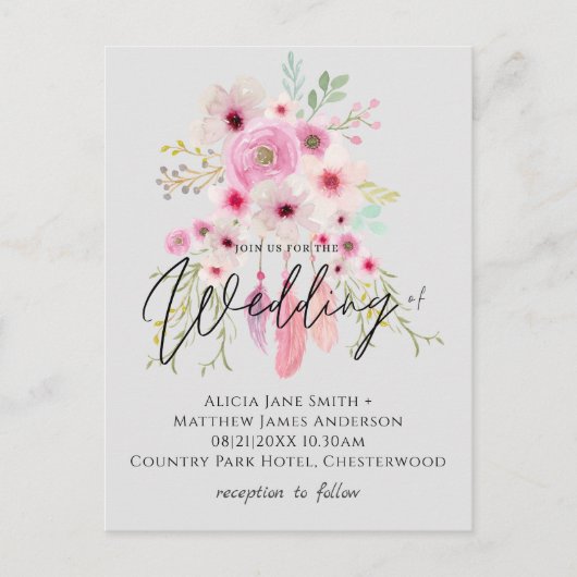 Carte Postale Pink Mauve BOHO Floral Feather Budget Mariage (Devant)