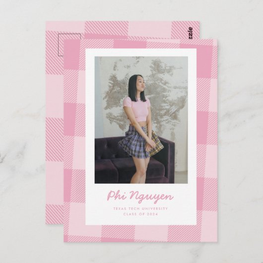 Carte Postale Pink Plaid Grad Flat Graduation Faire-part (Devant / Derrière)