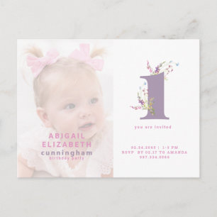 Carte Postale Pink & Purple Photo 1er Anniversaire Fête Invitati