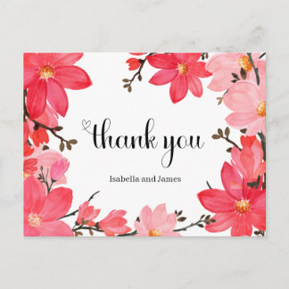 Carte Postale Pink & Red Watercolor Floral Thank you