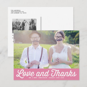 Carte Postale Pink Retro Script Mariage photo Merci