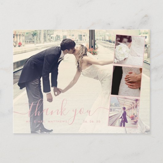 Carte Postale Pink Script 4 Photo Collage Mariage Merci (Devant)