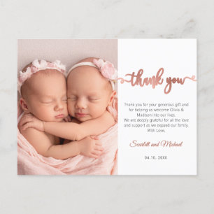Carte Postale Pink Script Girl Twins Baby Photo Merci