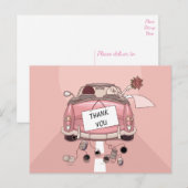 Carte Postale Pink Thank You Wedding Car Bride & Groom Cartoon (Devant / Derrière)